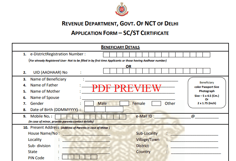 Delhi SC Cartificate Form PDF