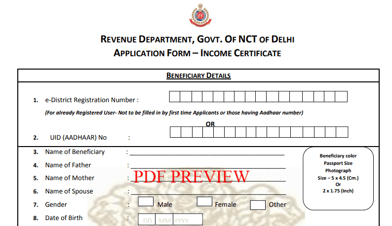 Delhi Income Certificate Form PDF Preview