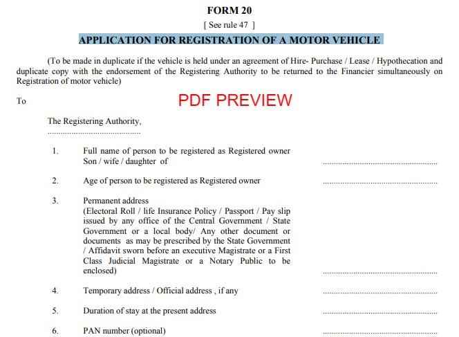 Vehicle Registration Application Form PDF Download