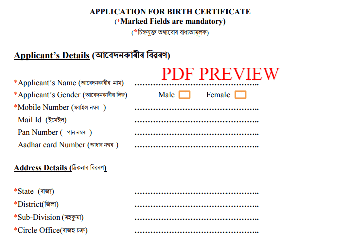 Assam Birth Certificate Form PDF