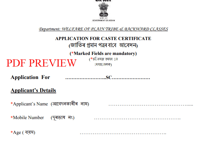 Application For SC Certificate Assam PDF Form