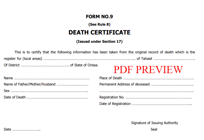 Odisha Death Cerificate Form PDF