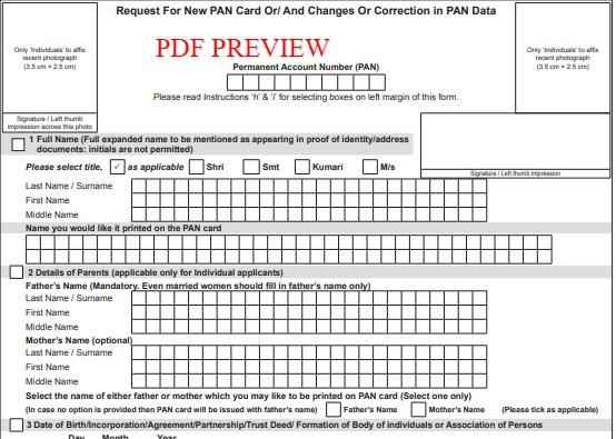 PAN Card Correction Form PDF Preview