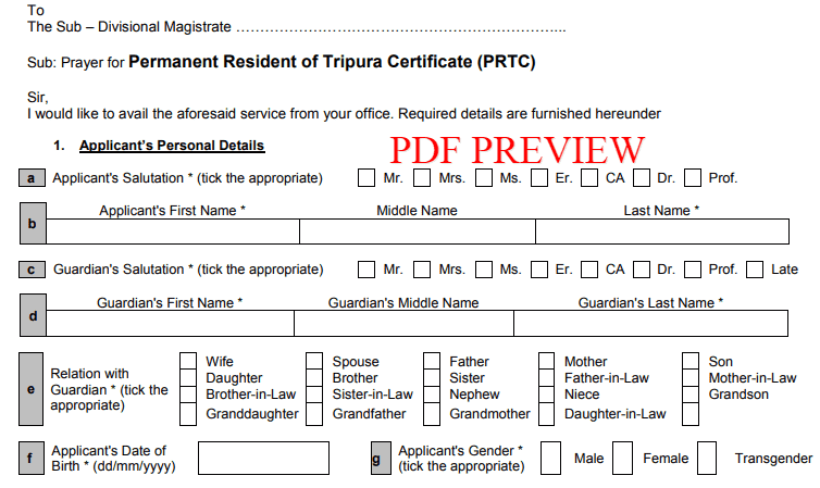 Tripura Residence Certificate PDF Form