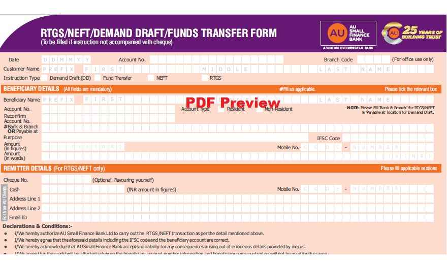 AU Bank NEFT/RTGS Form PDF Preview