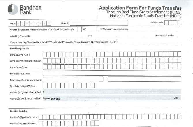 Bandhan Bank NEFT/RTGS Form PDF Preview