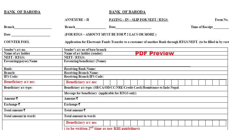 Bank of Baroda- BOB NEFT/RTGS Form PDF Preview