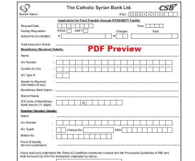 Catholic Syrian Bank- CSB NEFT/RTGS Form PDF Preview