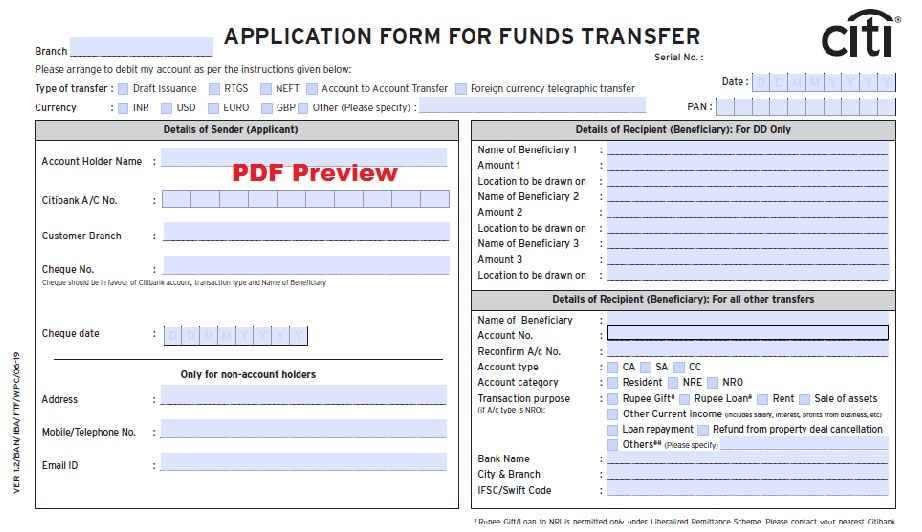 Citibank NEFT/RTGS Form PDF Preview