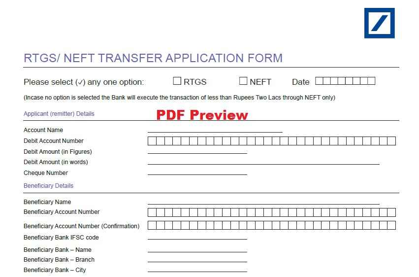 Deutsche Bank NEFT/RTGS Form PDF Preview