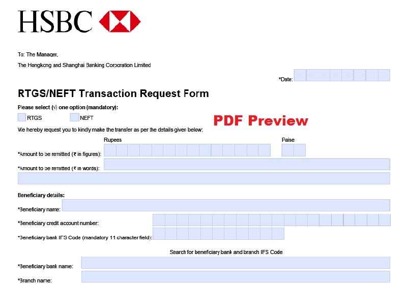 HSBC NEFT/RTGS Form PDF Preview