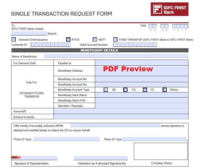 IDFC FIRST Bank NEFT/RTGS Form PDF Preview