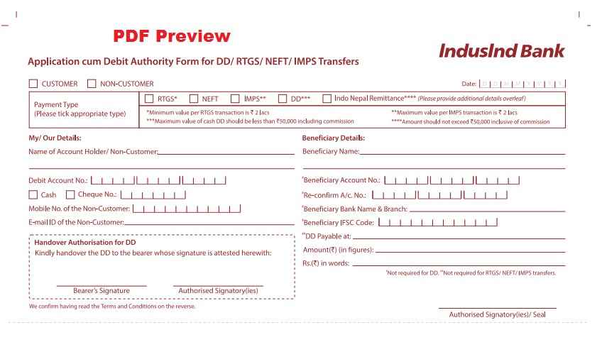 Indusind Bank NEFT/RTGS Form PDF Preview