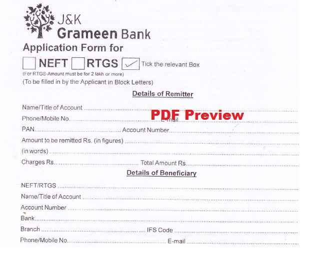 J&K Grameen Bank- JKGB NEFT/RTGS Form PDF Preview
