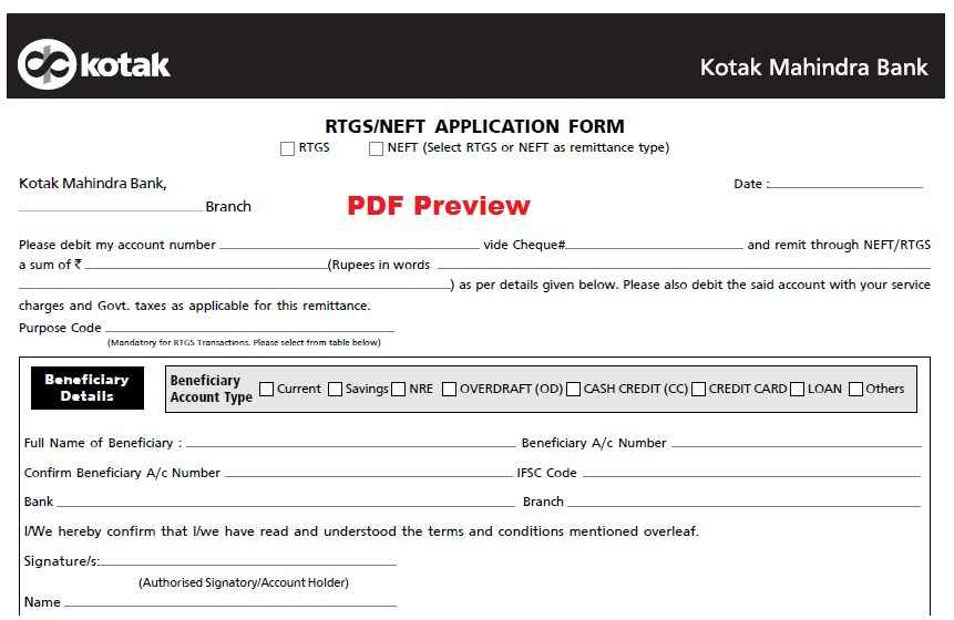 Kotak Bank RTGS/NEFT Form PDF Preview