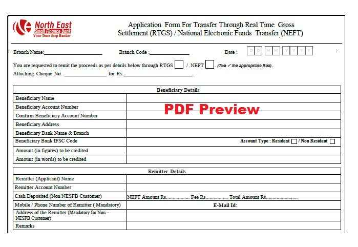NESFB NEFT/RTGS Form PDF Preview