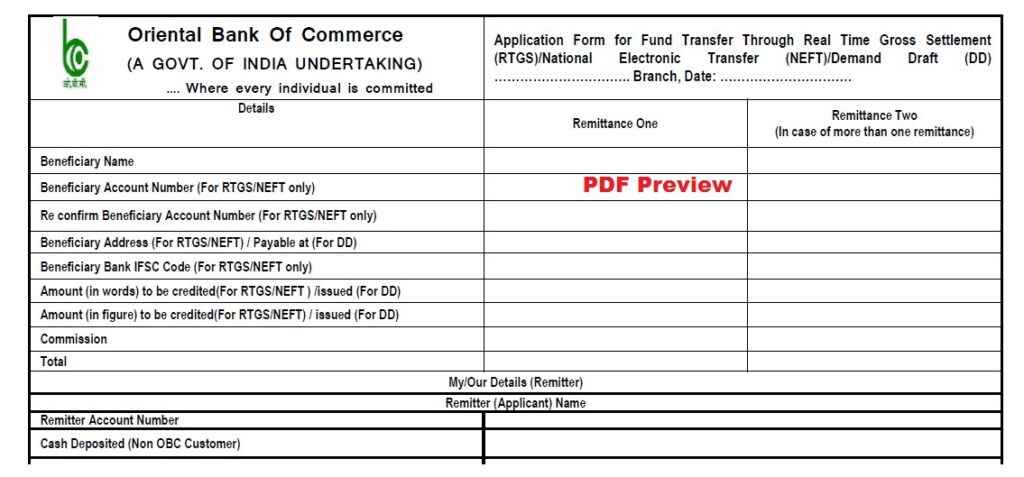 OBC NEFT/RTGS Form PDF Preview