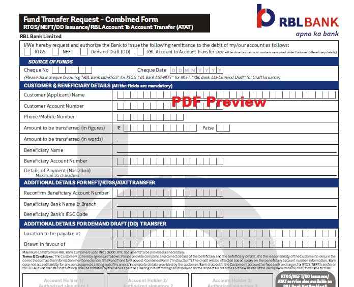 RBL Bank NEFT/RTGS Form PDF Preview