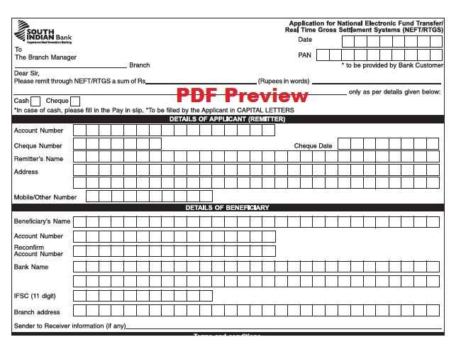 South Indian Bank- SIB NEFT/RTGS Form PDF Preview