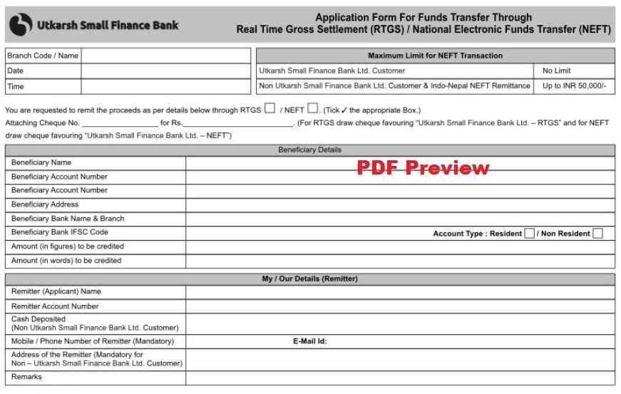 USFB NEFT/RTGS Form PDF Preview
