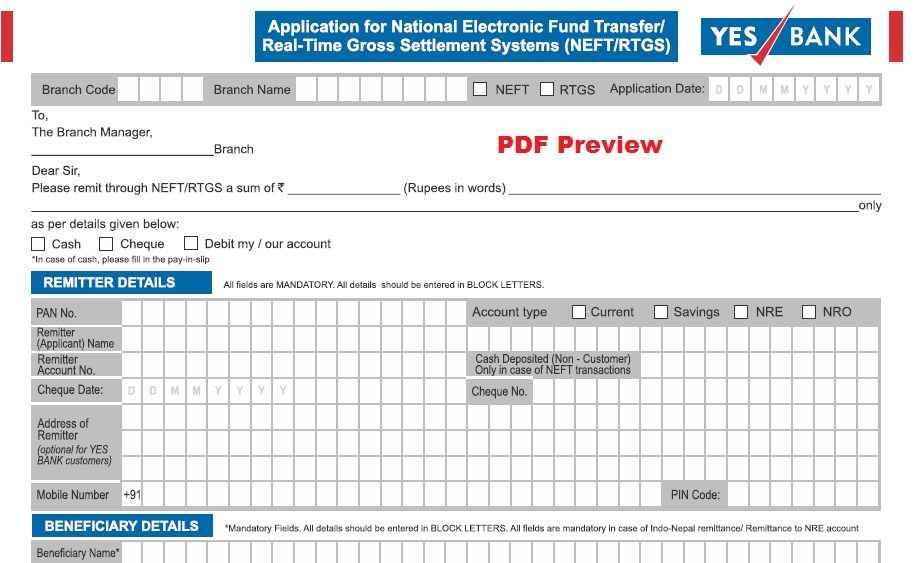 YES Bank NEFT/RTGS Form PDF Preview