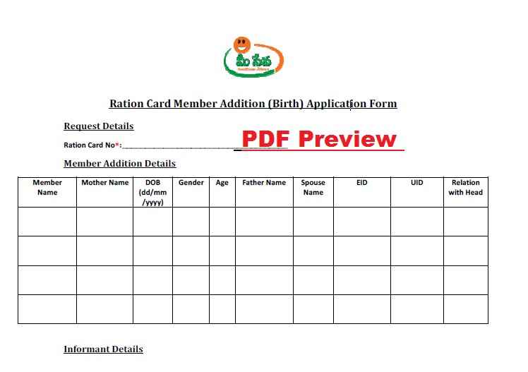 AP Ration Card Member Addition Form (Birth) PDF Preview